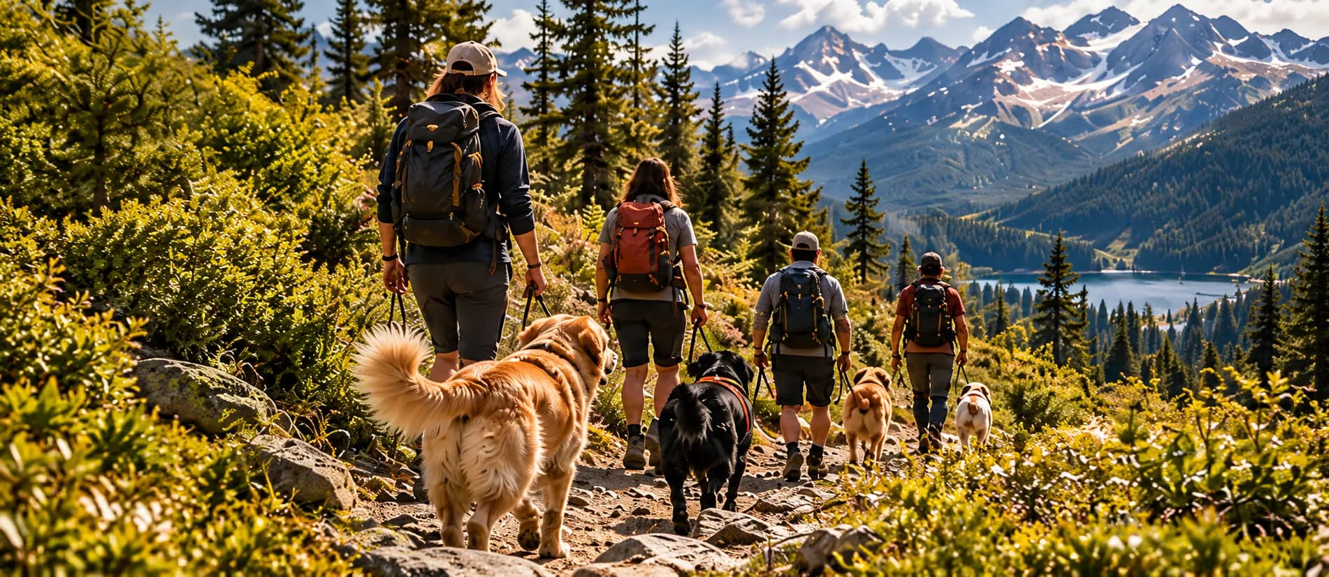 Karlı dağlara ve göle bakan patikada köpekleriyle yürüyen bir grup