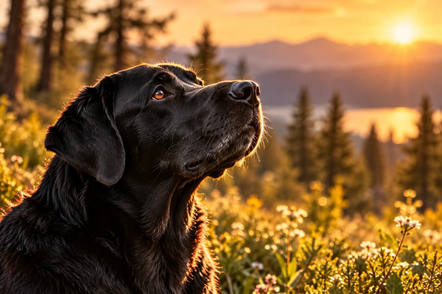 Gün batımında çiçekler arasında yukarı bakan siyah bir Labrador