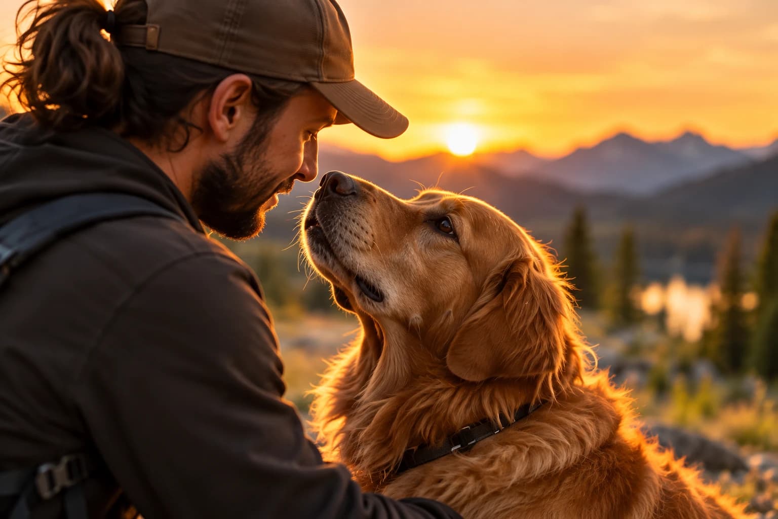 Gün batımında şapkalı bir adamla burun buruna bakışan sarı bir köpek